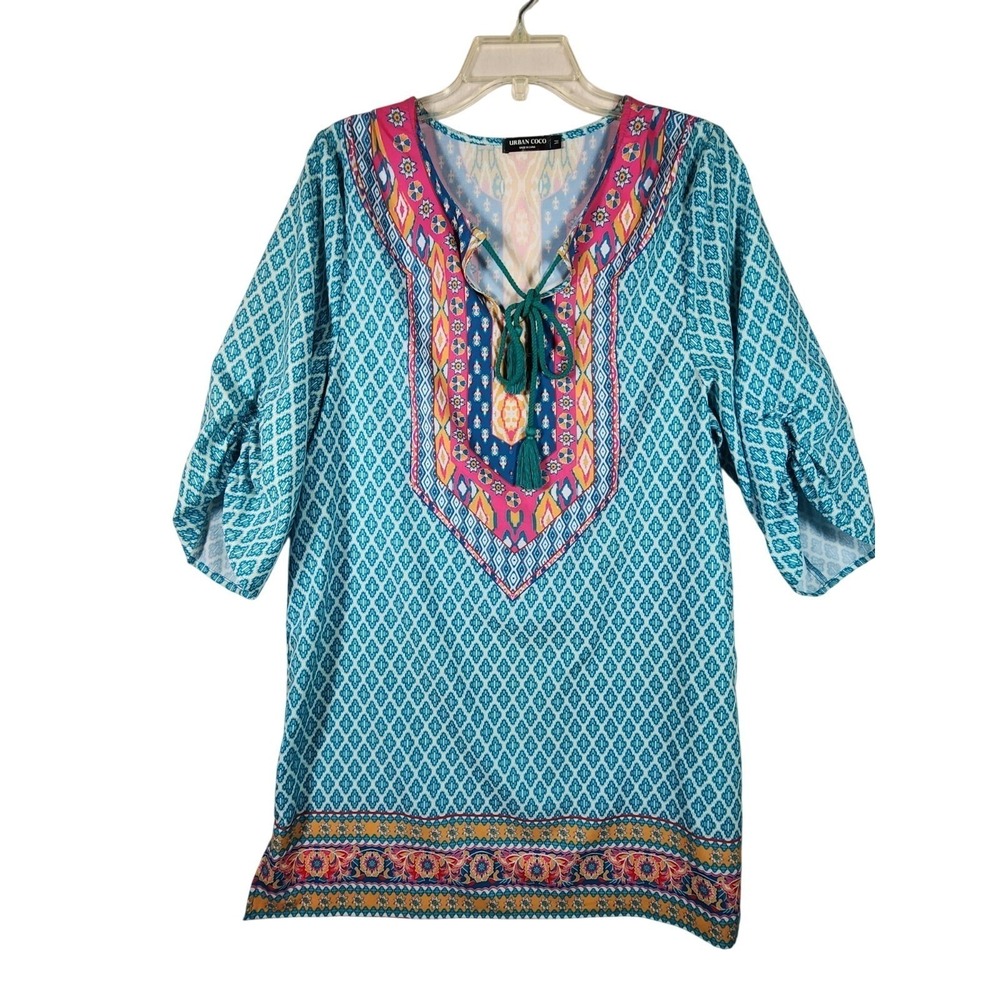 URBAN CoCo Medium Tunic 3/4 Sleeve Tassels Boho Hippie Festival Vacation Aztec